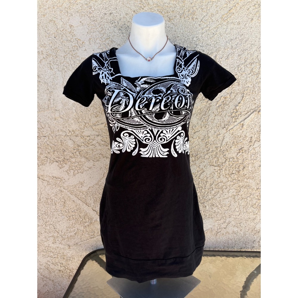Y2K Grunge Dereon Beyonce Black Graphic T-Shirt Mini Dress Rhinestone Large #5